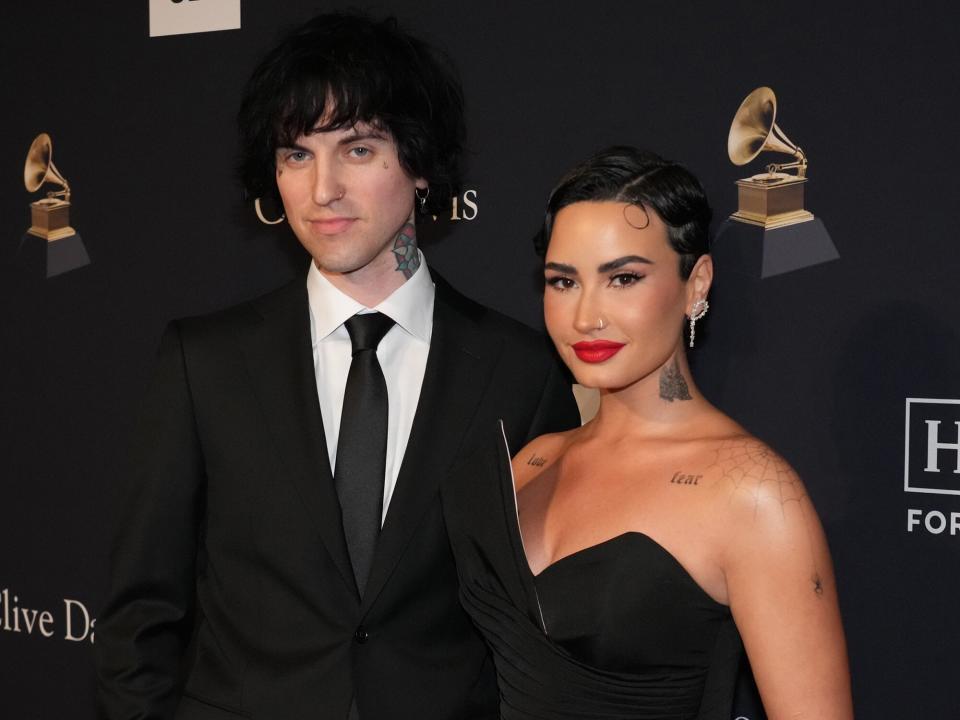 Jordan Lutes and Demi Lovato attend the Pre-GRAMMY Gala & GRAMMY Salute To Industry Icons Honoring Julie Greenwald & Craig Kallman at The Beverly Hilton on February 04, 2023 in Beverly Hills, California