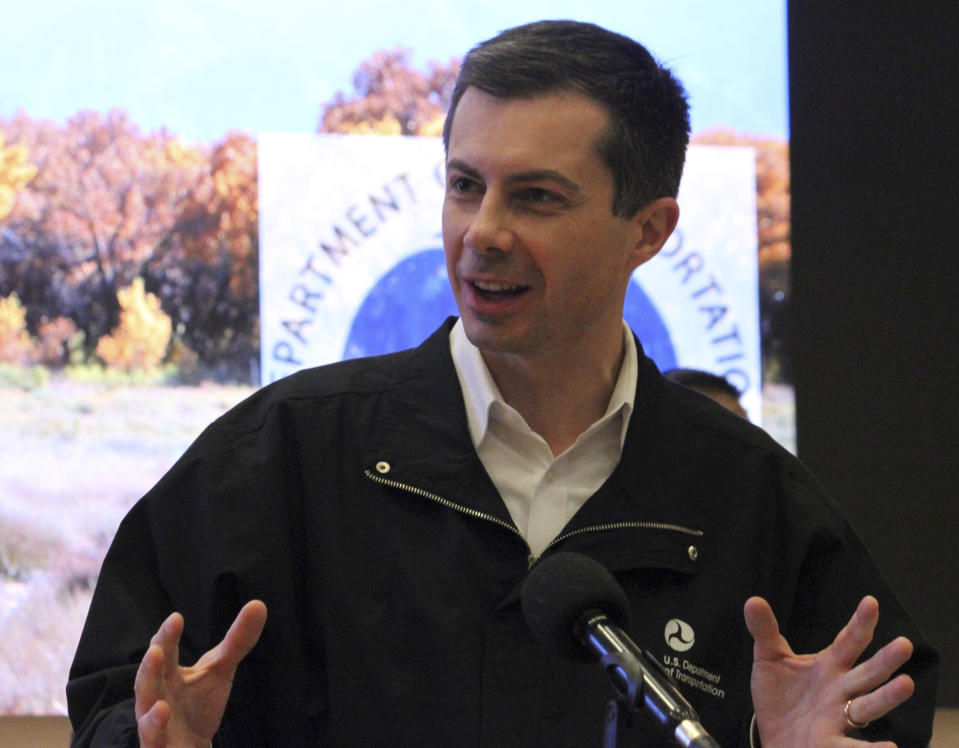 U.S. Transportation Secretary Pete Buttigieg speaks about a federal pilot project to fund wildlife crossing corridors along busy roads during an announcement in Santa Ana Pueblo, New Mexico, on Tuesday, April 4, 2023. (AP Photo/Susan Montoya Bryan)