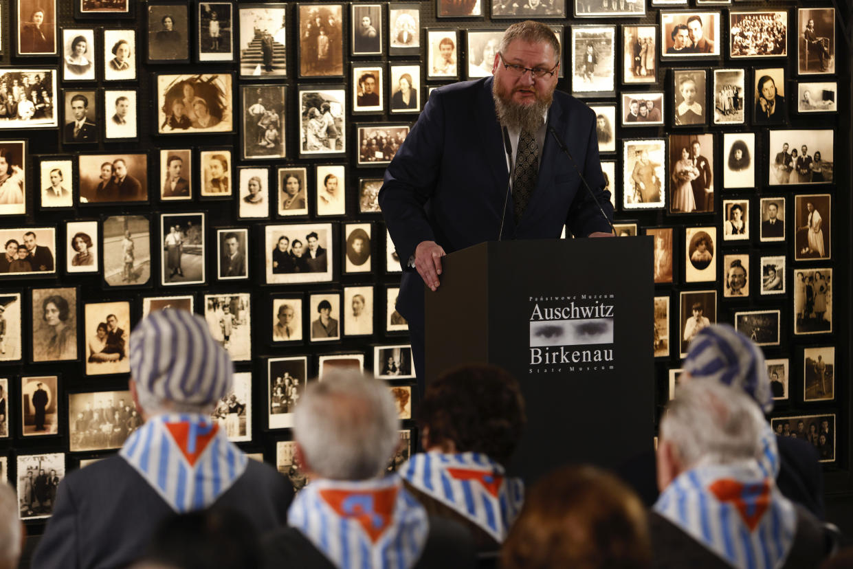 Piotr Cywinski, director of the Auschwitz-Birkenau museum, delivers a speech during a ceremony in the former Nazi German concentration and extermination camp Auschwitz during ceremonies marking the 78th anniversary of the liberation of the camp in Brzezinka, Poland, Friday, Jan. 27, 2023. (AP Photo/Michal Dyjuk)