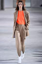 <p>Model wears a khaki pantsuit at the fall 2018 Tibi show. (Photo: Getty Images) </p>