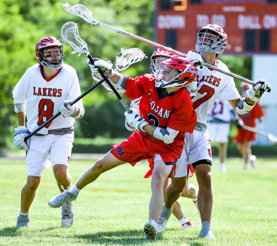 Silver Lake's Edward Scigliano defends Bridgewater-Raynham's Brendan Rosher during a game on Wednesday, May 25, 2022.
