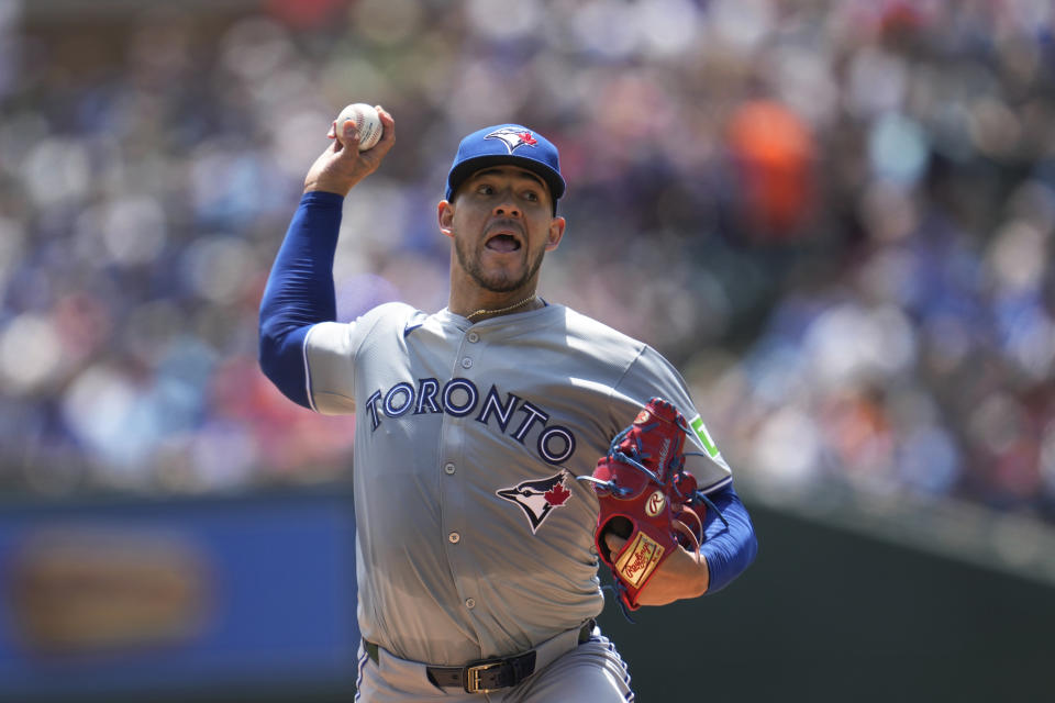 Toronto Blue Jays pitcher José Berríos throws against the Detroit Tigers in the first inning of a baseball game, Saturday, May 25, 2024, in Detroit. (AP Photo/Paul Sancya)