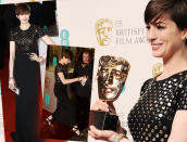 …Anne Hathaway. Gestern noch in Berlin, durfte sie sich heute über einen Award in der Kategorie Beste Nebendarstellerin freuen. Das dürfte sie über ihre Erkältung hinwegtrösten. <br><br><b>[BAFTAs 2013: <a href=" http://de.kino.yahoo.com/blogs/filmblog/baftas-2013-die-gewinner-der-britischen-oscars-005923662.html" data-ylk="slk:Die Gewinner ];elm:context_link;itc:0;sec:content-canvas;outcm:mb_qualified_link;_E:mb_qualified_link;ct:story;" class="link  yahoo-link">Die Gewinner ]</a></b>