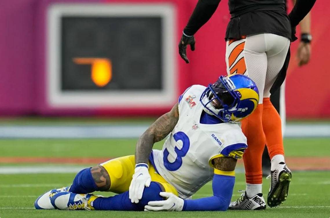 Odell Beckham Jr. suffered a torn anterior cruciate ligament in his knee in the Super Bowl in January on the artificial turf at SoFi Stadium in Inglewood, California. Marcio Jose Sanchez/Associated Press