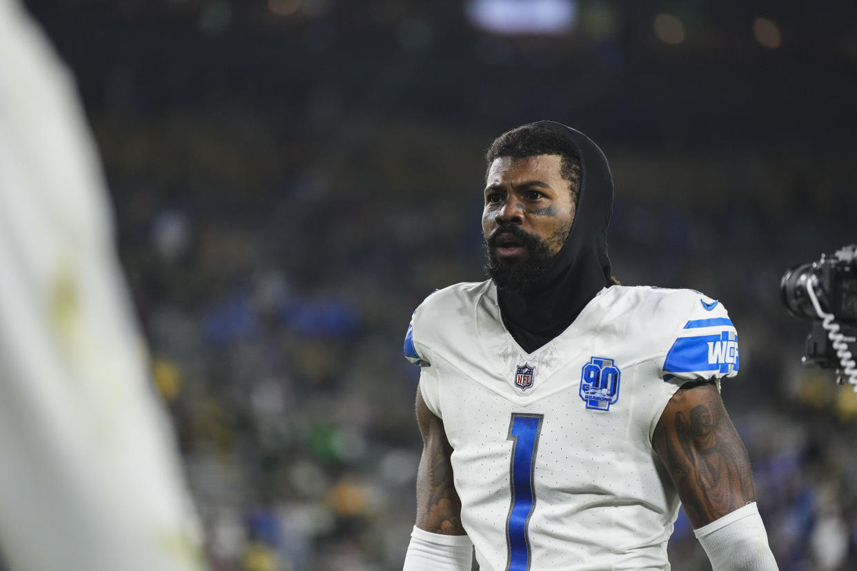 GREEN BAY, WI - SEPTEMBER 28: Cameron Sutton #1 of the Detroit Lions walks off of the field after at Lambeau Field on September 28, 2023 in Green Bay, Wisconsin. (Photo by Cooper Neill/Getty Images)