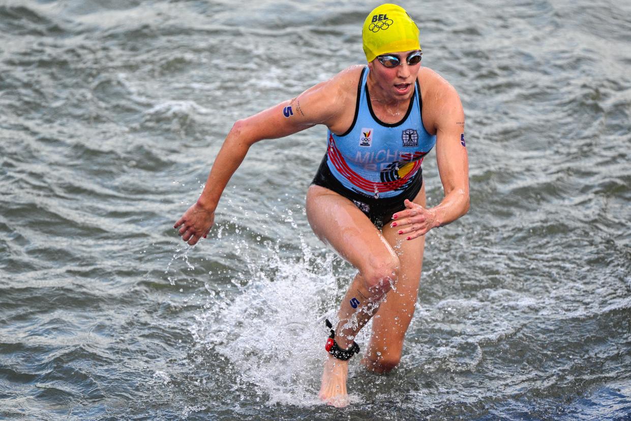 Belgian Claire Michel pictured in action during the women's individual triathlon race at the Paris 2024 Olympic Games, on Wednesday 31 July 2024 in Paris, France. The Games of the XXXIII Olympiad are taking place in Paris from 26 July to 11 August. The Belgian delegation counts 165 athletes competing in 21 sports. BELGA PHOTO JASPER JACOBS (Photo by JASPER JACOBS / BELGA MAG / Belga via AFP) (Photo by JASPER JACOBS/BELGA MAG/AFP via Getty Images)