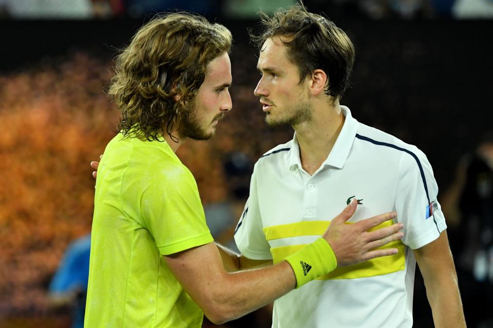 <p>Rivals Stefanos Tsitsipas and Daniil Medvedev meet at the French Open on Tuesday</p> (AFP via Getty Images)