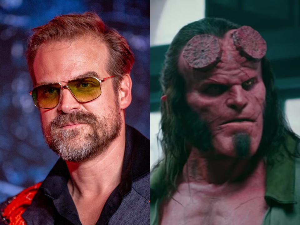 left: david harbour at the stranger things premiere in brookly in may 2022, wearing tinted sunglasse and smiling; right: david harbour as hellboy, wearing shaved horn prosthetics and with red skin