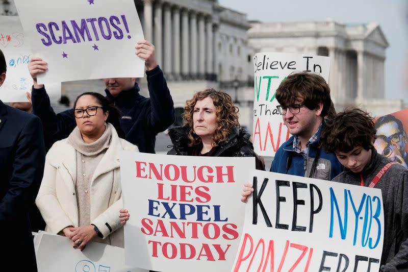 A group of Rep. George Santos’s (R-NY) constituents from New York's 3rd congressional district deliver petitions calling for Santos's resignation on Capitol Hill in Washington