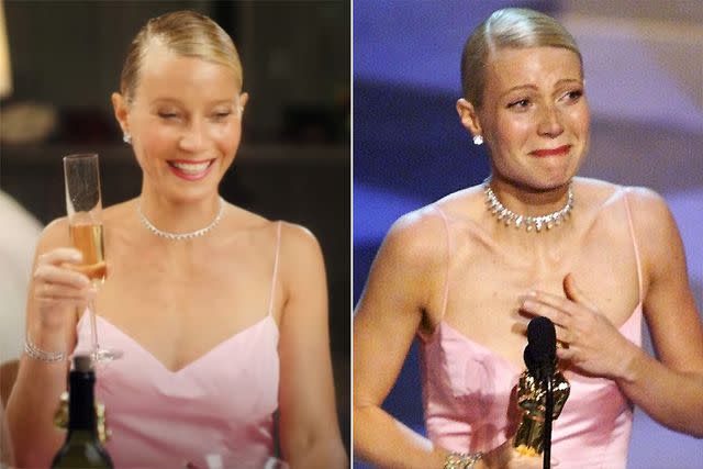 <p>Goop/YouTube; TIMOTHY A. CLARY/AFP via Getty Images</p> Gwyneth Paltrow recreating her outfit from her Oscar acceptance speech for 'Shakespeare in Love' in 1999.