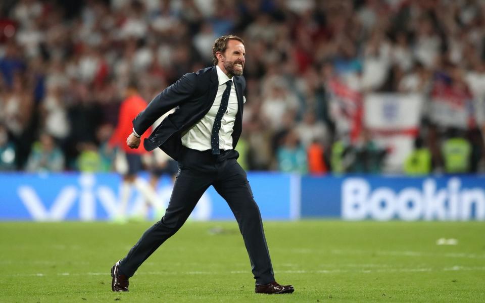 England manager Gareth Southgate celebrates reaching the final after the UEFA Euro 2020 semi final match at Wembley Stadium -  Nick Potts/PA Wire