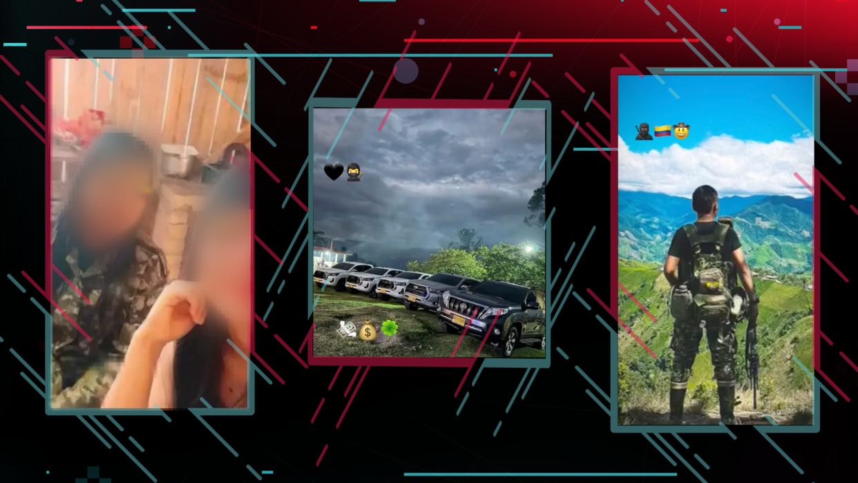 Three screenshots taken from TikTok videos showing young girls dressed in army fatigues, luxury cars, money emojis, and a young man in army fatigues looking over a green mountain range while carrying a rifle