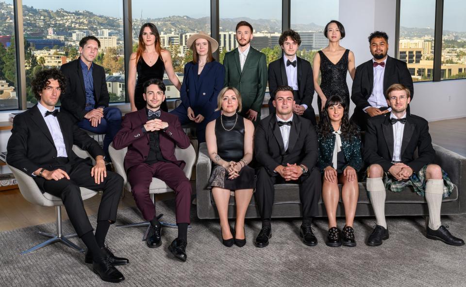 The winners of the 50th annual Student Academy Awards. Front: Romain Augier, Yannick Jacquin, Clémence Bailly, Giorgio Ghiotto, Jean Chapiro and Iain Forbes. Back: Mark Gerstorfer, Tamara Denić, Lisa Kenney, Leo Behrens, César Luton, Lyuwei Chen and Gabriel Augerai.