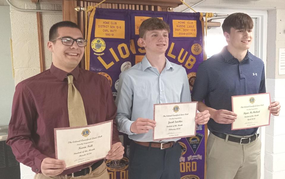 Kevin Feik, left, Jacob Swisher and Ryan McMichael were honored as Colonel Crawford Lions Club Students of the Month for their high school achievements and community service. (PROVIDED BY COLONEL CRAWFORD LIONS CLUB)