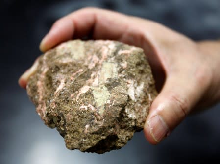 FILE PHOTO: A bastnaesite mineral containing rare earth in Tokyo