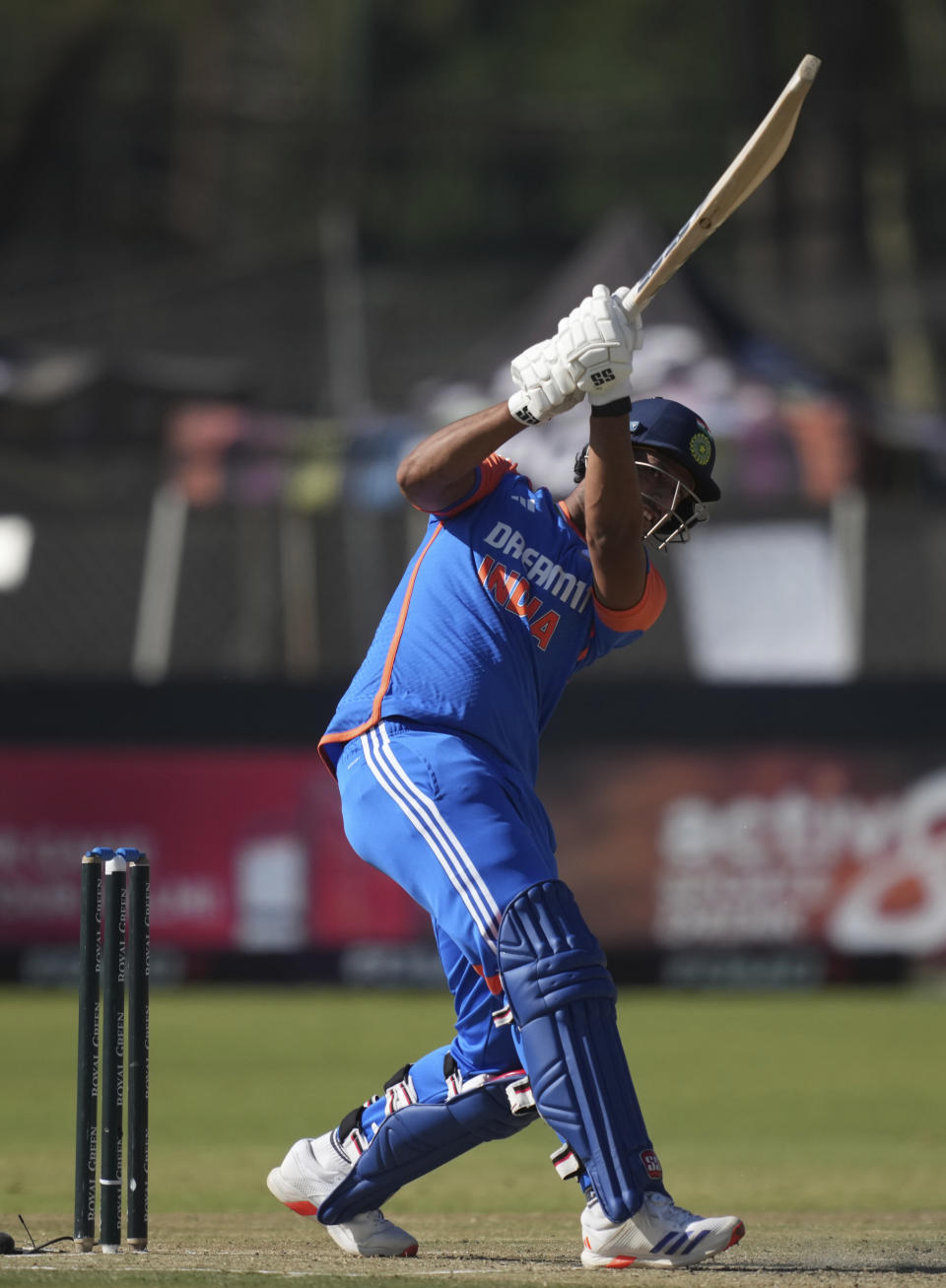 Indian batsman Washington Sundar in action during the T20 cricket match between Zimbabwe and India at the Harare Sports club, in Harare, Sunday, July 14,2024. (AP Photo/Tsvangirayi Mukwazhi)