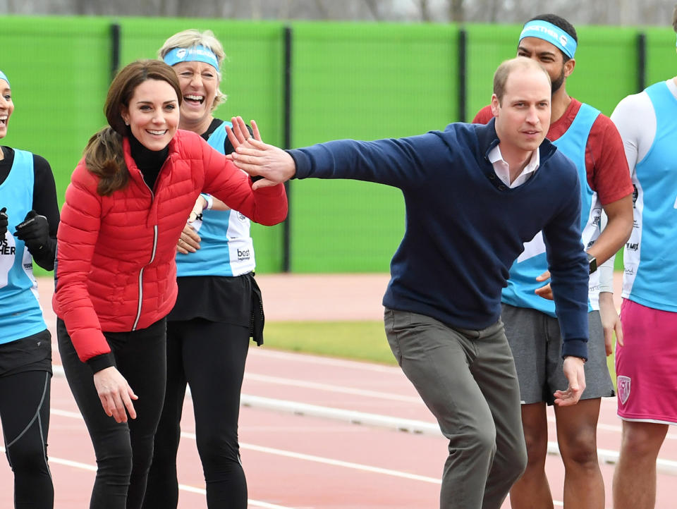 LONDON, ENGLAND - FEBRUARY 05:  Catherine, Duchess of Cambridge and Prince William, Duke of Cambridge attend a training day for the Heads Together team for the London Marathon at Olympic Park on February 5, 2017 in London, England.  (Photo by Karwai Tang/WireImage)