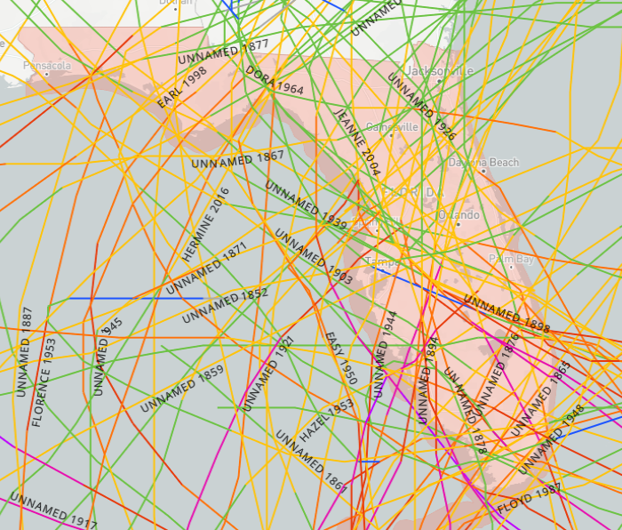 Category 1 hurricanes that have hit Florida between 1842 and 2022.