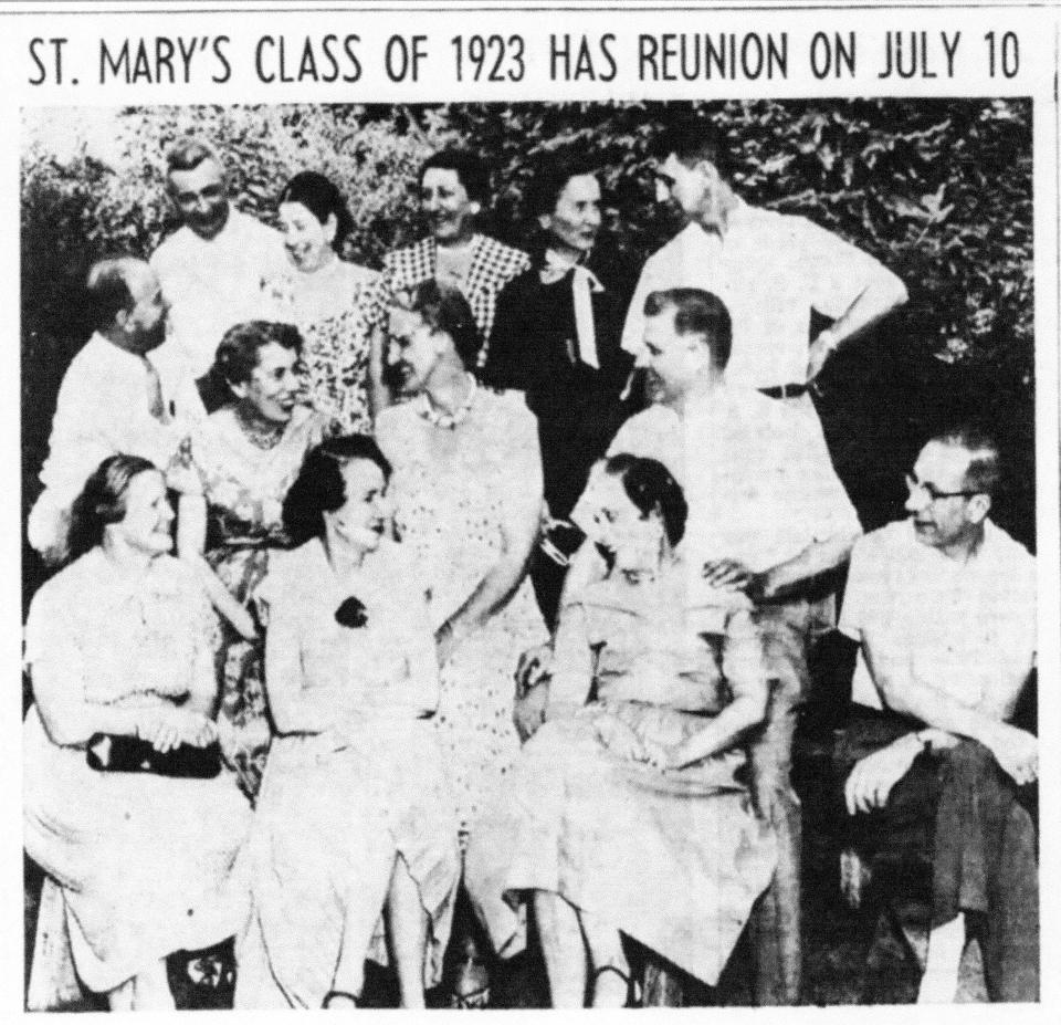 Edward J. Mowery graduated from St. Mary's High School in 1923 in a class of 15 students. Pictured are 13 members of the class who attended their 31st reunion. Edward is on the right end of the top row. (E-G 13 July 1954 photo)