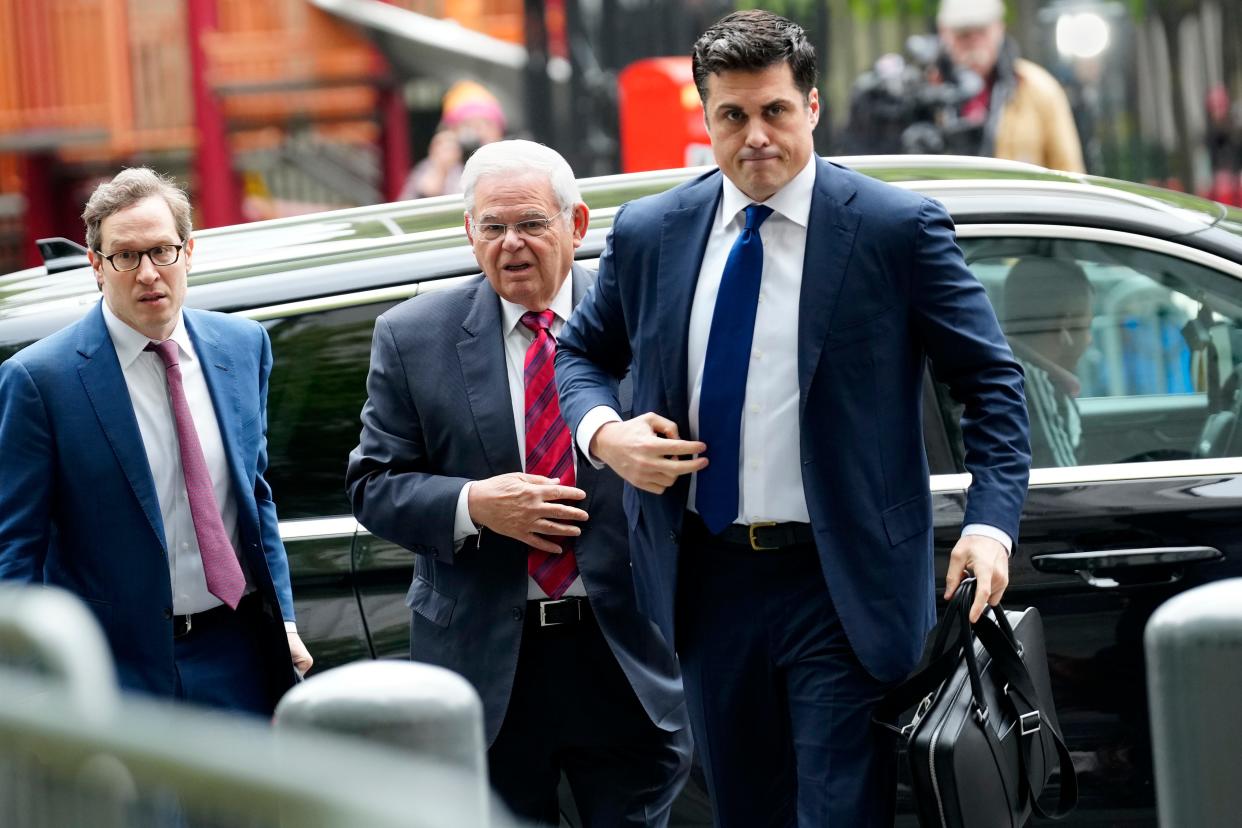 United States Senator Bob Menendez (center), arrives at Daniel Patrick Moynihan U.S. Courthouse where he will be on trial for bribery and corruption charges. The jury selection for the trial is expected to start today, Monday, May 13, 2024.