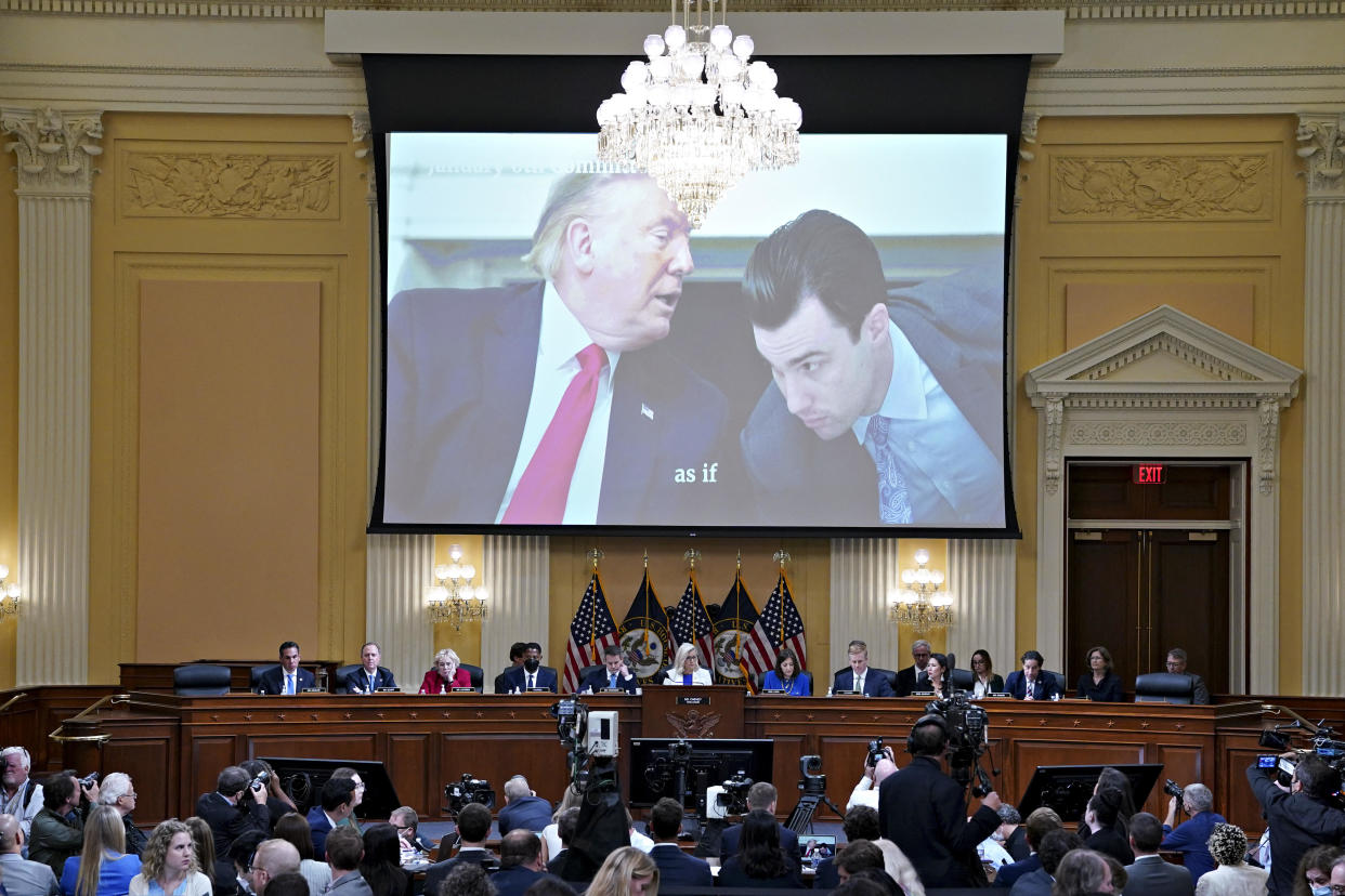 An image of former President Donald Trump and former White House aide Nick Luna on a screen during a hearing by the House Jan. 6 select committee. (AL DRAGO/POOL/AFP via Getty Images)