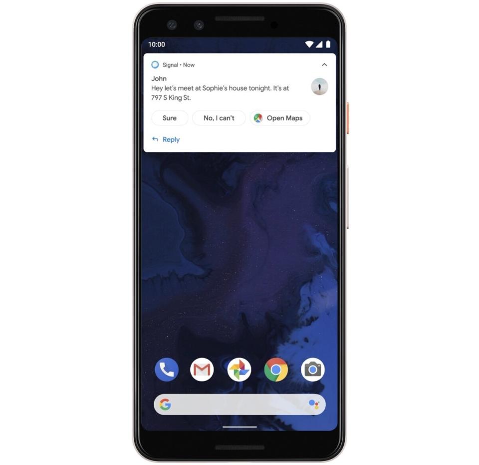 Android Q will add suggested actions to its smart replies, making it easier to do things like share addresses. (Image: Google)