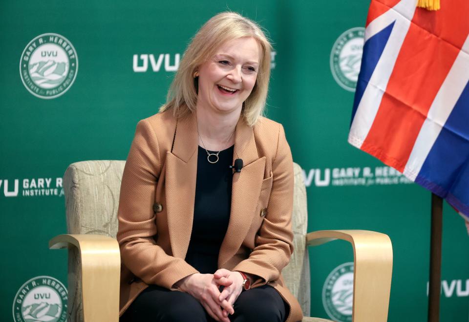 Former British Prime Minister Liz Truss talks about “The Importance of the U.S.-U.K. Bilateral Relationship” with Sen. Mike Lee, R-Utah, during a Gary R. Herbert Institute for Public Policy Forum at Utah Valley University in Orem on Tuesday, Feb. 20, 2024. | Kristin Murphy, Deseret News