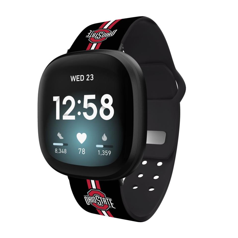 Black Fitbit watch band with Ohio State logo and colors.