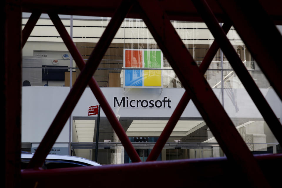 NEW YORK, NEW YORK - MARCH 10: View of a Microsoft store on March 10, 2021, in New York. The Nasdaq Composite continued falling more than half a percent during the day. Also, the move away from Apple Inc, Amazon.com Inc , Facebook Inc, Tesla Inc and Microsoft Corp, falling during the day, helped small-cap stocks rise more than double the gains of the S&P 500. (Photo by John Smith/VIEWpress)