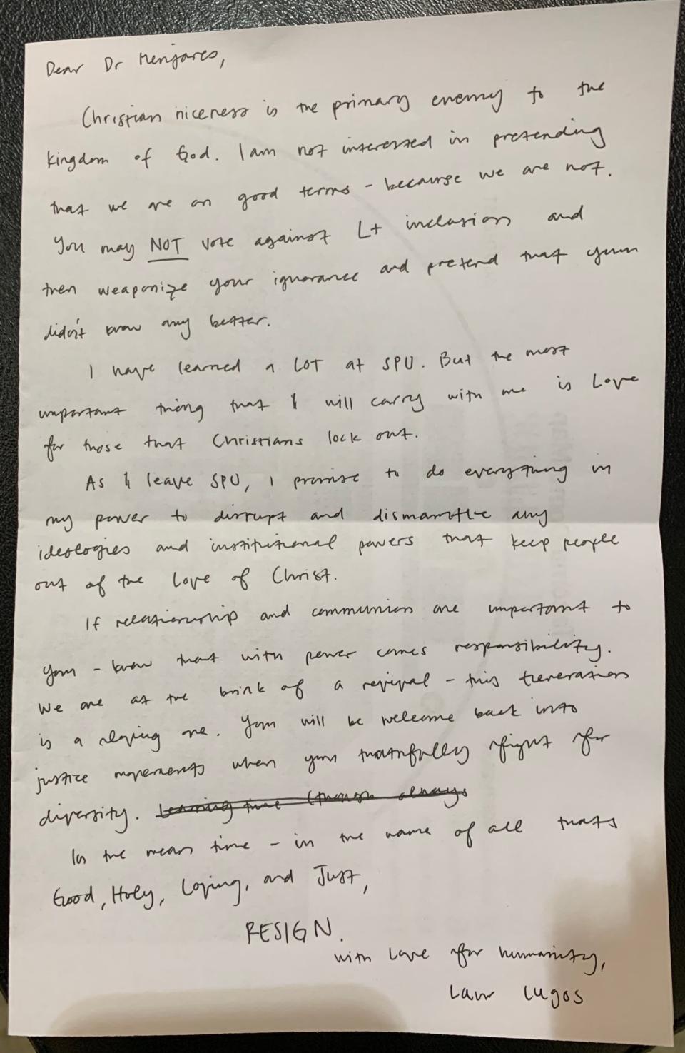Recent Seattle Pacific University graduate Laur Lugos says this is the letter she handed to the school's interim president, Pete Menjares, instead of shaking his hand during the graduation ceremony on Sunday, June 12, 2022.