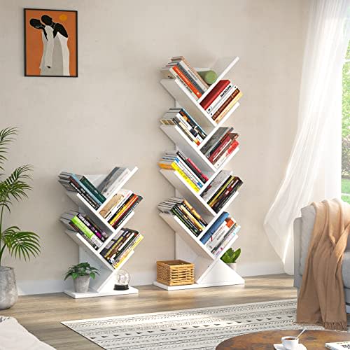 Topfurny Tree Bookshelf, 9-Tier Shelf Rustic Brown Bookcase, Retro Wood Storage Rack for CDs/Movies/Books, Anti-Fall Utility Organizer Shelves for Living Room, Bedroom, Home Office, White (Amazon / Amazon)