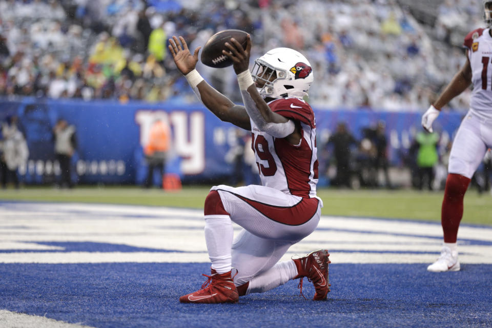 Arizona Cardinals' Chase Edmonds reacts after scoring during the second half of an NFL football game against the New York Giants, Sunday, Oct. 20, 2019, in East Rutherford, N.J. (AP Photo/Adam Hunger)