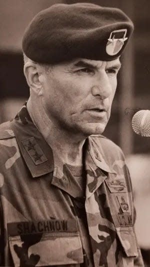 Maj. Gen. Sidney Shachnow speaks July 25, 1992, at Fort Bragg.