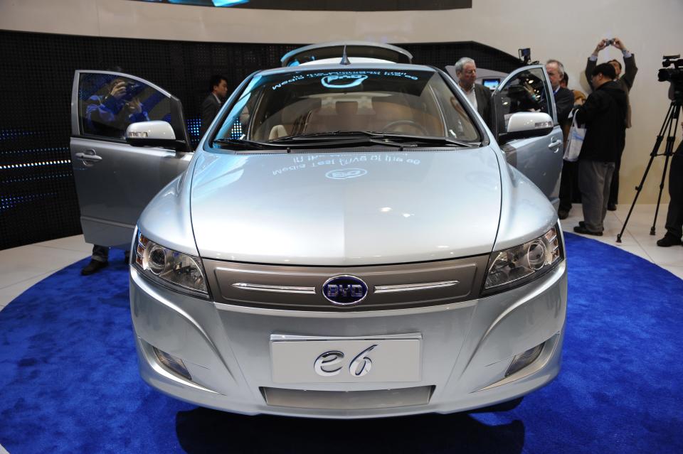 The BYD E6 electric car on display.