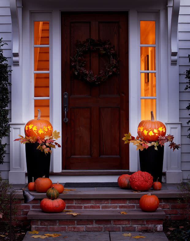 <p>Pave the way for trick-or-treaters with a set of lanterns modeled after the falling leaves. Follow the free template for idiot-proof carving. Get the tutorial at <a href="http://www.goodhousekeeping.com/holidays/halloween-ideas/a24856/pumpkin-lanterns/" rel="nofollow noopener" target="_blank" data-ylk="slk:Good Housekeeping;elm:context_link;itc:0;sec:content-canvas" class="link ">Good Housekeeping</a>.</p><p><a class="link " href="https://www.amazon.com/Pumpkin-Pro-94601-Ultimate-Stencil/dp/B005OMWILI/ref=sr_1_4?tag=syn-yahoo-20&ascsubtag=%5Bartid%7C10057.g.2554%5Bsrc%7Cyahoo-us" rel="nofollow noopener" target="_blank" data-ylk="slk:BUY NOW;elm:context_link;itc:0;sec:content-canvas">BUY NOW</a> <strong><em>Pumpkin Carving Stencil Book, $3<br></em></strong></p>