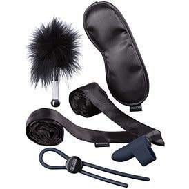 New to the BDSM scene?&nbsp;This is a great beginner's set.&nbsp;<br /><br />$49, Babeland. <a href="http://www.babeland.com/principles-of-lust-couples-set/d/4783_c_79" target="_blank">Buy it here</a>.&nbsp;