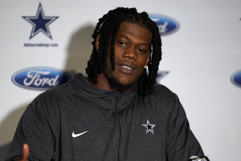 FILE - Dallas Cowboys defensive end Randy Gregory faces reporters following an NFL football game against the New England Patriots, Sunday, Oct. 17, 2021, in Foxborough, Mass. The Denver Broncos and defensive end Randy Gregory have agreed on a $70 million, five-year contract that will prevent the Dallas Cowboys from keeping one of their top targets in free agency, a person with knowledge of the deal said Tuesday, March 15, 2022. (AP Photo/Steven Senne, File)