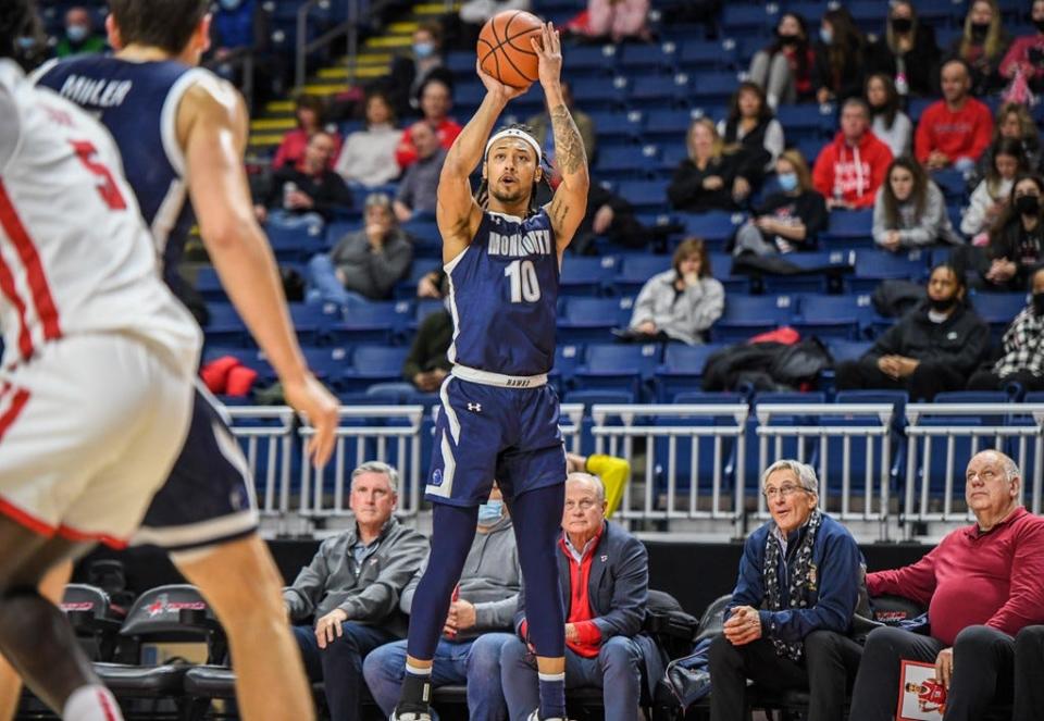 Monmouth forward Jarvis Vaughan launches a 3-pointer during the Hawks' 61-58 win over Fairfield on Jan. 20, 2022 in Bridgeport, Conn.