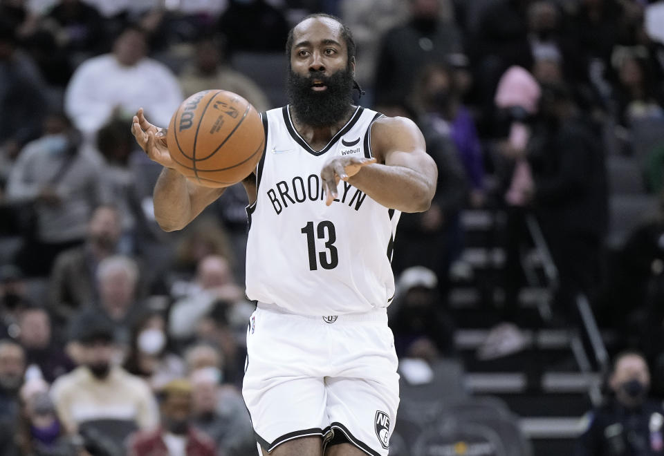 Seen here, James Harden in action for Brooklyn Nets against the Sacramento Kings in 2022. 