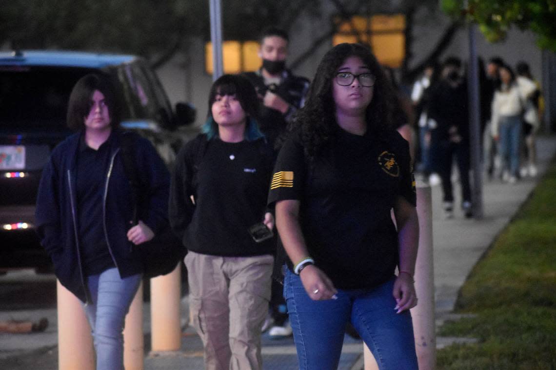 Miami High students arrive for the first day of classes Wednesday morning, Aug. 17, 2022. The school got off to a rocky start with many parents upset that their children hadn’t received their class schedules before the start of school.