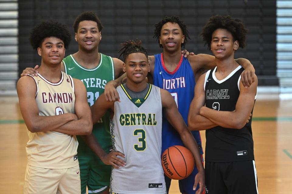 (L-R) All Observer boys first team members Austin Swartz, Elijah Strong, Jaiden Thompson, Isaiah Evans and Jaeden Mustaf on Wednesday, March 8, 2023.