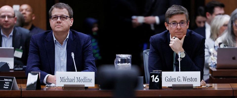  Empire chief executive Michael Medline, left, and Loblaw president Galen Weston Jr. appear before the committee on March 8.