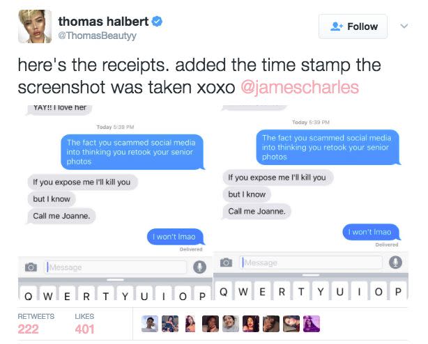 'If you expose me I’ll kill you,' James appeared to jokingly quip to Thomas when the pair were still on good terms. Photo: Twitter/Thomas Halbert