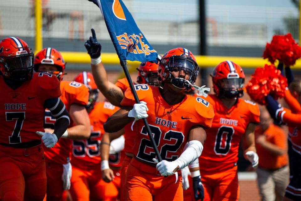 Hope College take the field for their season opener against Aurora Saturday, Sept. 3, 2022, at Ray and Sue Smith Stadium.