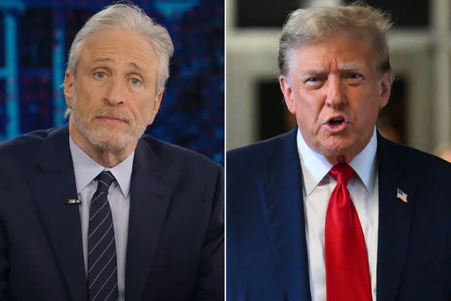 <p>The Daily Show/YouTube; Angela Weiss/AFP/Bloomberg via Getty</p> Jon Stewart on 'The Daily Show'; Donald Trump