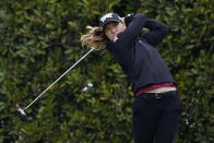 Austin Ernst tees off at the second hole during the second round of the LPGA's Hugel-Air Premia LA Open golf tournament at Wilshire Country Club Thursday, April 22, 2021, in Los Angeles. (AP Photo/Ashley Landis)