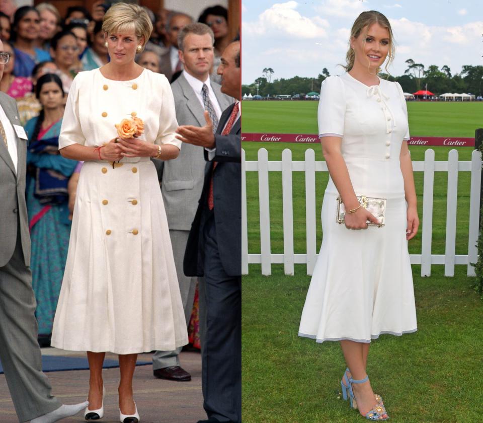 <p>In 1997, Princess Diana donned a buttoned white dress to visit Shri Swaminarayan Mandir, a Hindu temple in London. Twenty years later, Kitty Spencer wore an all-white look to the Cartier Queen's Cup Polo final.</p>