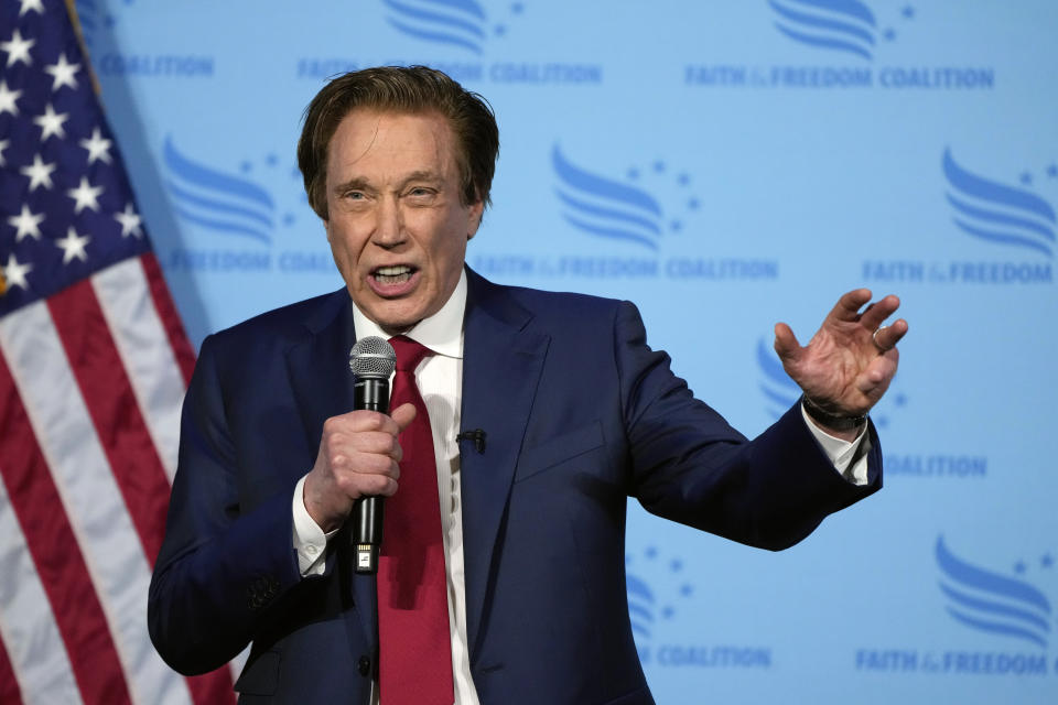 Republican presidential candidate and Michigan businessman Perry Johnson speaks during the Iowa Faith and Freedom Coalition Spring Kick-Off, Saturday, April 22, 2023, in Clive, Iowa. (AP Photo/Charlie Neibergall)