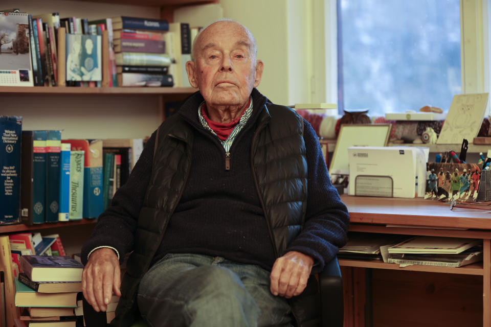 The 93-year-old Polish citizen Andrzej Sitkowski, who was named "Righteous Among the Nations" by Yad Vashem in 1995 poses for a photo during a interview with the Associated Press in Durach, Tuesday, Jan. 18, 2022. Andrzej Sitkowski was 15 years old when his mother told him that she had been asked by a neighbour to hide a little Jewish girl from the Nazis at their home. This year, as the world commemorates the 77th anniversary of the liberation of the German Nazi Auschwitz concentration and extermination camp on January 27, 1945, Yad Vashem and the Conference on Jewish Material Claims against Germany have teamed up to highlight the stories of "Righteous Rescuers" the people who risked everything, even their own lives, to save Jews from getting murdered by the Nazis and their henchmen. (AP Photo/Alexandra Beier)