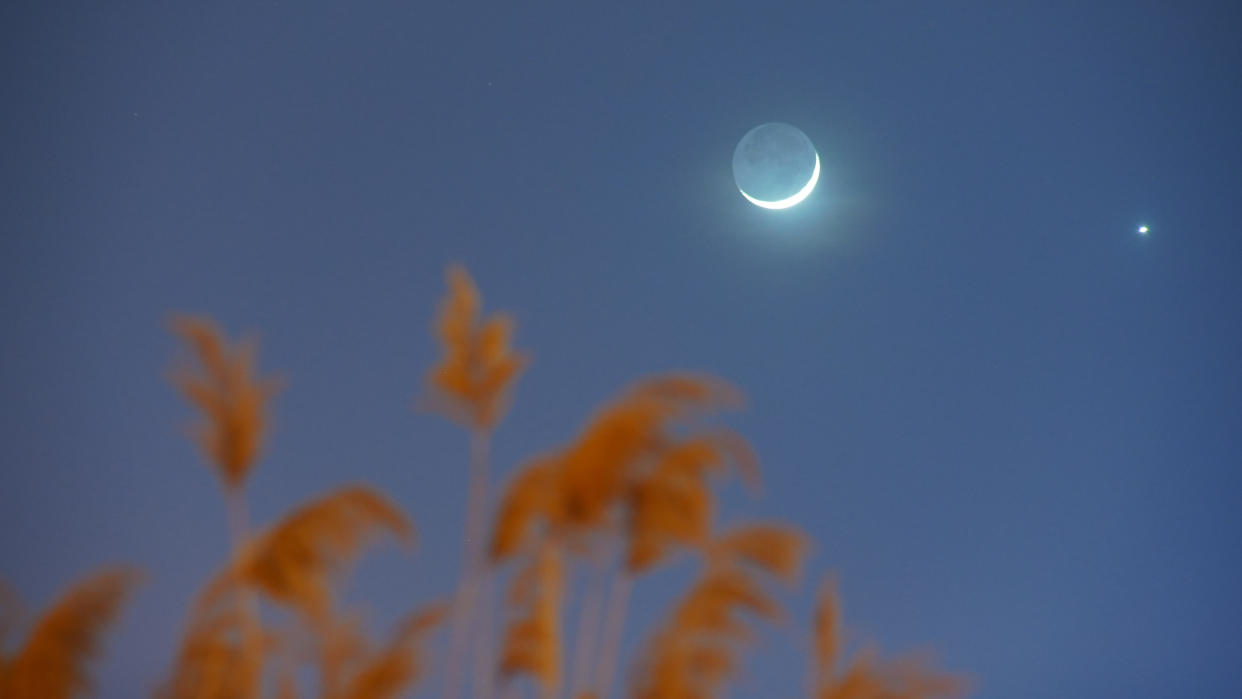  Enus appears in the night sky near a crescent moon on February 22, 2023 in Bayingolin Mongol Autonomous Prefecture, Xinjiang Uygur Autonomous Region of China. (Photo by VCG/VCG via Getty Images). 